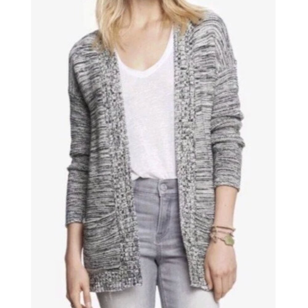 EXPRESS White Black Marled Space Dye Chunk Knit Open Front Long Cardigan Sweater